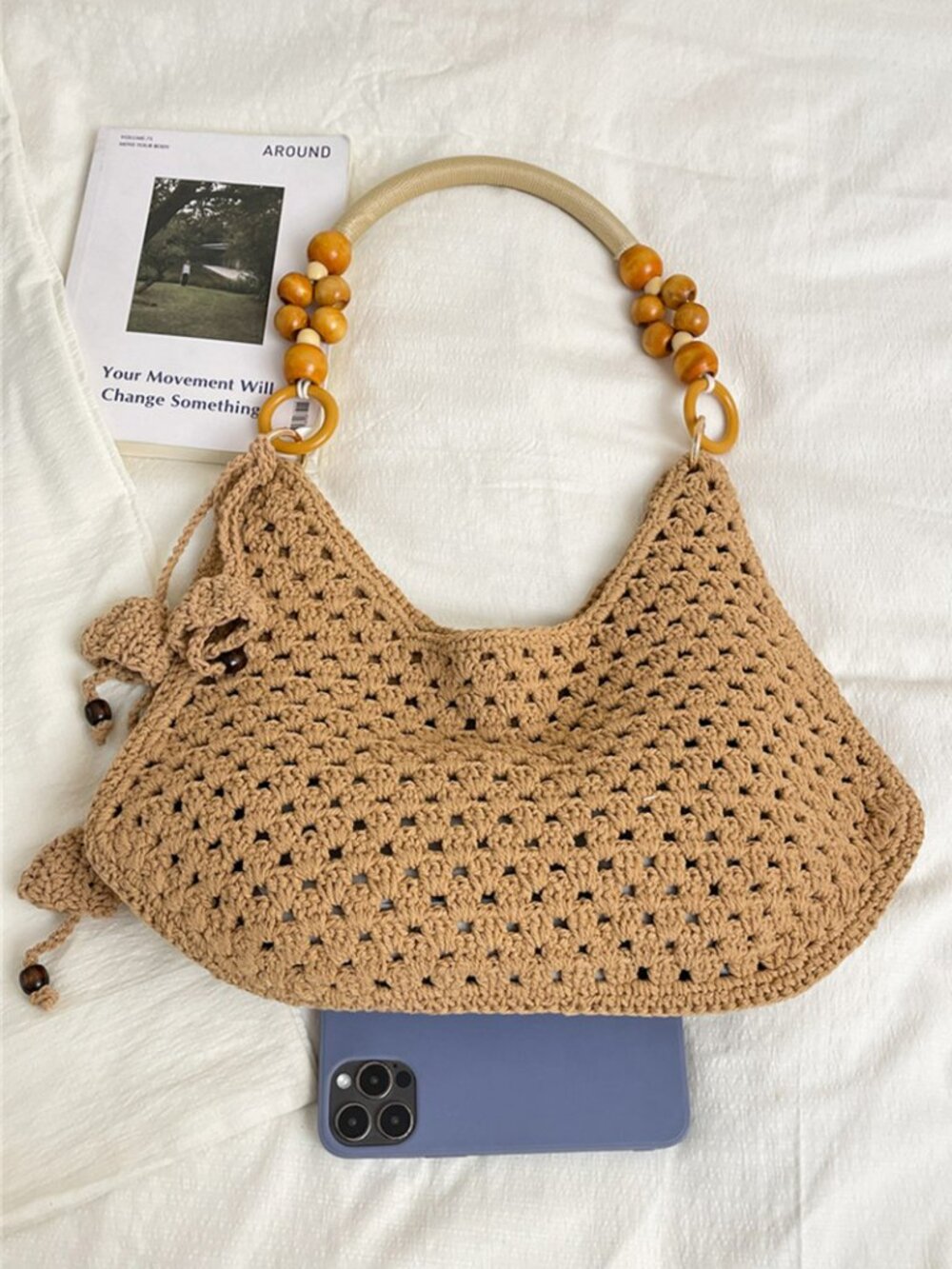 Women's Crochet Hobo Bag | Boho Woven Shoulder Purse | Summer Beach Bag | New - Picture 5 of 6